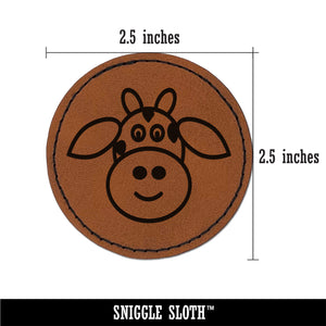 Cheerful Cow Face Doodle Round Iron-On Engraved Faux Leather Patch Applique - 2.5"