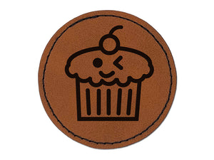 Cute Cupcake Kawaii Outline Round Iron-On Engraved Faux Leather Patch Applique - 2.5"