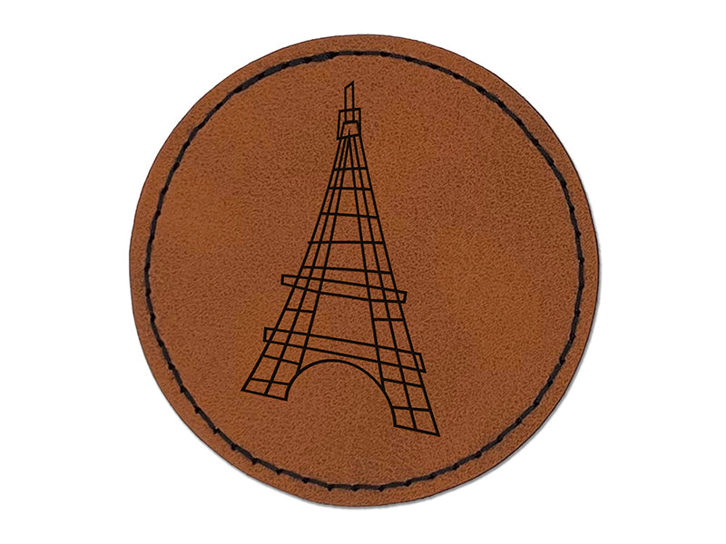 Eiffel Tower Paris France Doodle Round Iron-On Engraved Faux Leather Patch Applique - 2.5"