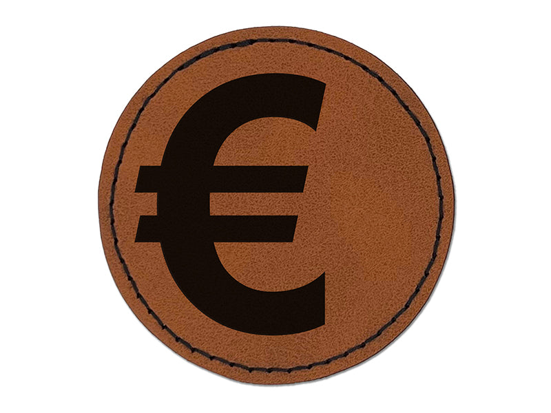 Euro Symbol Round Iron-On Engraved Faux Leather Patch Applique - 2.5"