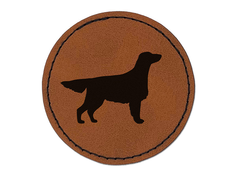 Flat-Coated Retriever Dog Solid Round Iron-On Engraved Faux Leather Patch Applique - 2.5"