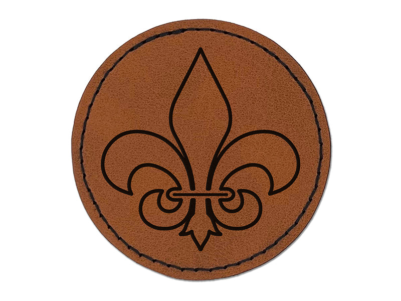 Fleur de Lis Outline Round Iron-On Engraved Faux Leather Patch Applique - 2.5"