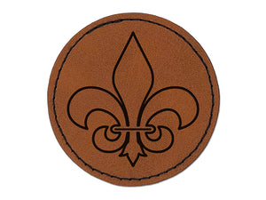 Fleur de Lis Outline Round Iron-On Engraved Faux Leather Patch Applique - 2.5"