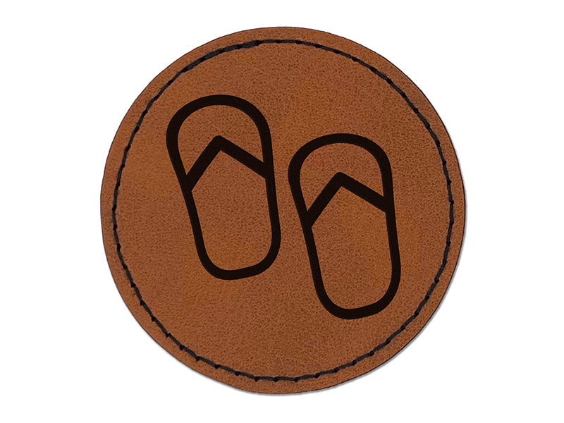 Flip Flops Summer Vacation Round Iron-On Engraved Faux Leather Patch Applique - 2.5"