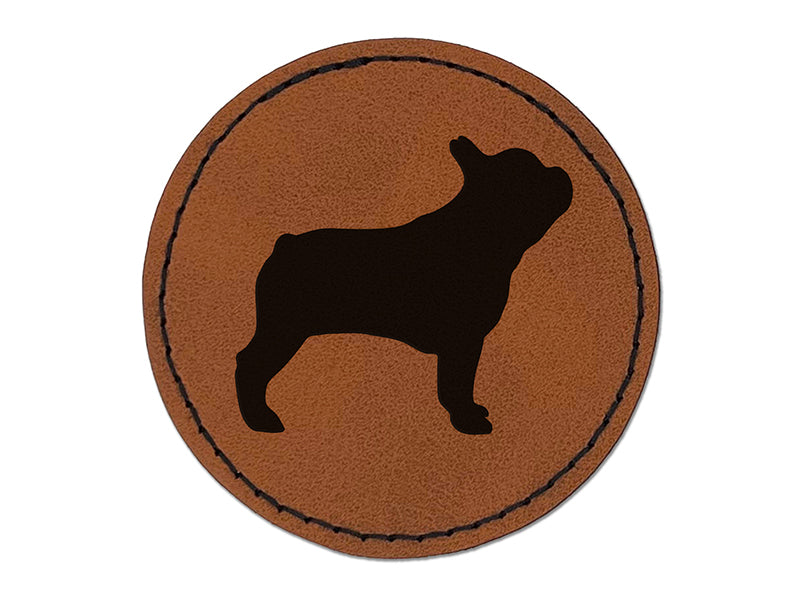 French Bulldog Dog Solid Round Iron-On Engraved Faux Leather Patch Applique - 2.5"