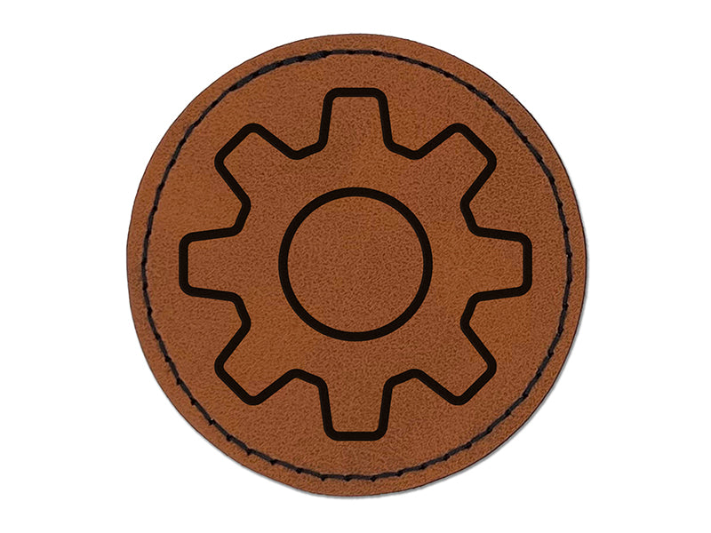 Gear Outline Round Iron-On Engraved Faux Leather Patch Applique - 2.5"