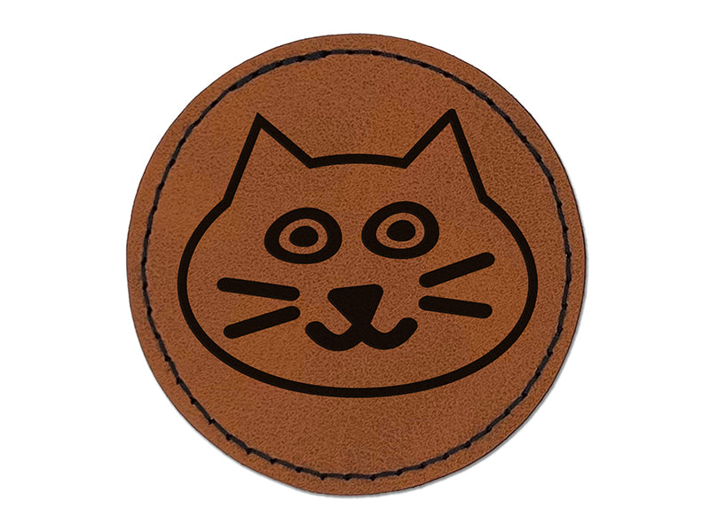 Happy Cat Face Doodle Round Iron-On Engraved Faux Leather Patch Applique - 2.5"