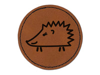 Happy Hedgehog Doodle Round Iron-On Engraved Faux Leather Patch Applique - 2.5"