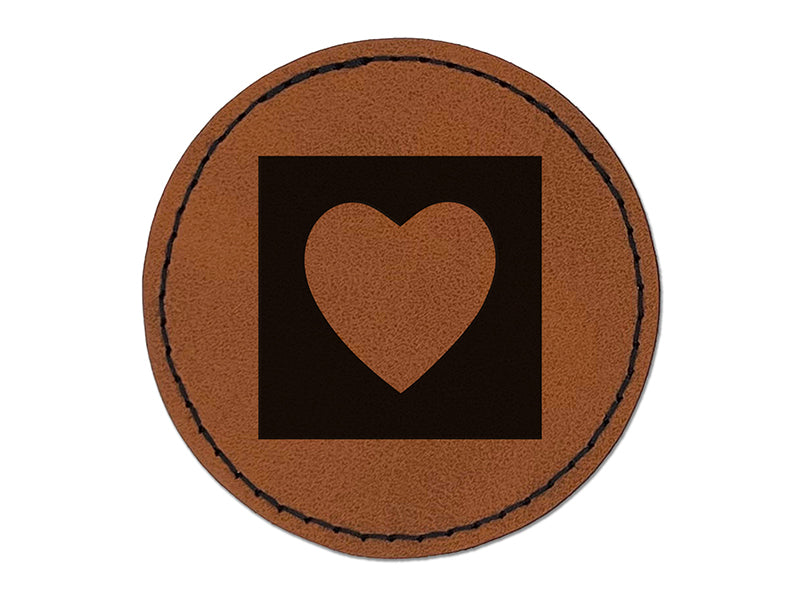 Heart In Box Round Iron-On Engraved Faux Leather Patch Applique - 2.5"