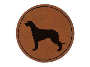 Irish Wolfhound Dog Solid Round Iron-On Engraved Faux Leather Patch Applique - 2.5"