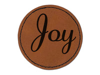 Joy Cursive Text Round Iron-On Engraved Faux Leather Patch Applique - 2.5"