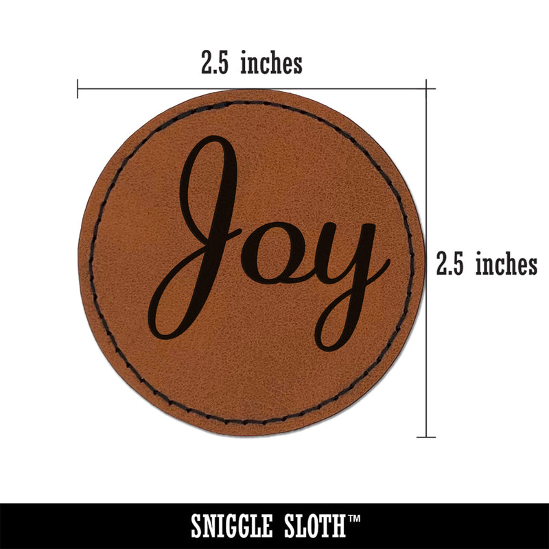 Joy Cursive Text Round Iron-On Engraved Faux Leather Patch Applique - 2.5"