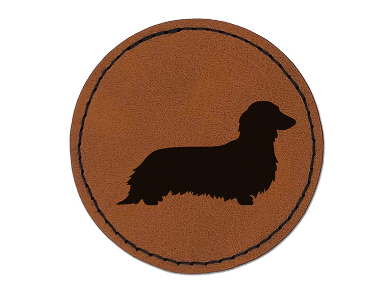 Long Haired Dachshund Dog Solid Round Iron-On Engraved Faux Leather Patch Applique - 2.5"