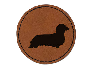 Long Haired Dachshund Dog Solid Round Iron-On Engraved Faux Leather Patch Applique - 2.5"