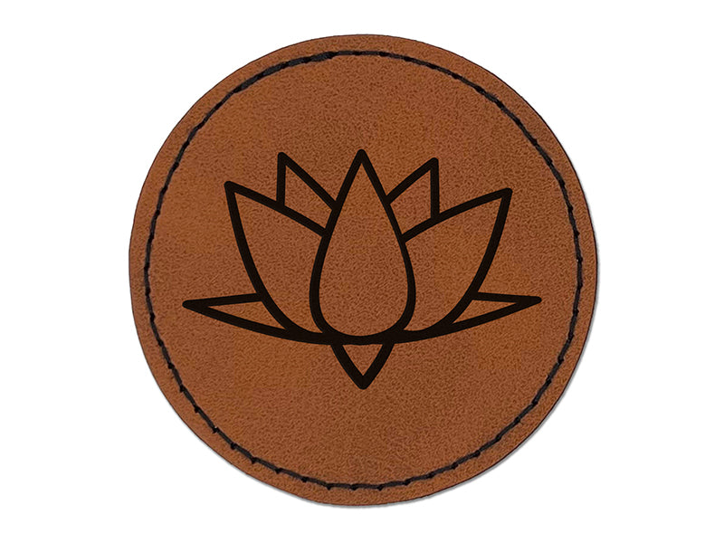 Lotus Flower Outline Round Iron-On Engraved Faux Leather Patch Applique - 2.5"