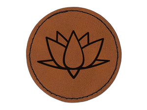 Lotus Flower Outline Round Iron-On Engraved Faux Leather Patch Applique - 2.5"