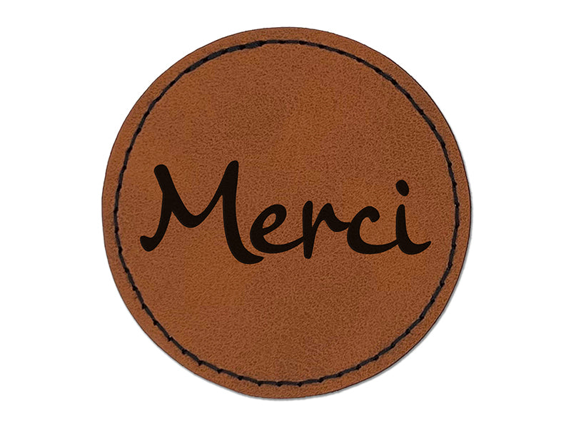 Merci Thank You French Round Iron-On Engraved Faux Leather Patch Applique - 2.5"