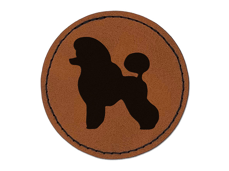 Miniature Poodle Dog Solid Round Iron-On Engraved Faux Leather Patch Applique - 2.5"