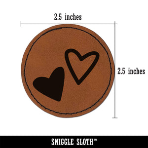 Pair of Hearts Love Round Iron-On Engraved Faux Leather Patch Applique - 2.5"