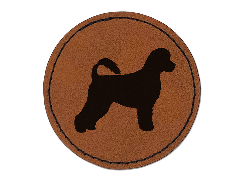 Portuguese Water Dog Solid Round Iron-On Engraved Faux Leather Patch Applique - 2.5"