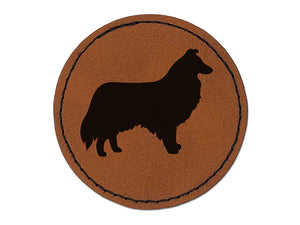 Rough Collie Dog Solid Round Iron-On Engraved Faux Leather Patch Applique - 2.5"