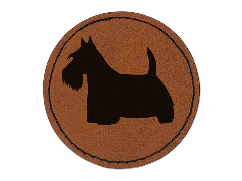 Scottish Terrier Scottie Dog Solid Round Iron-On Engraved Faux Leather Patch Applique - 2.5"