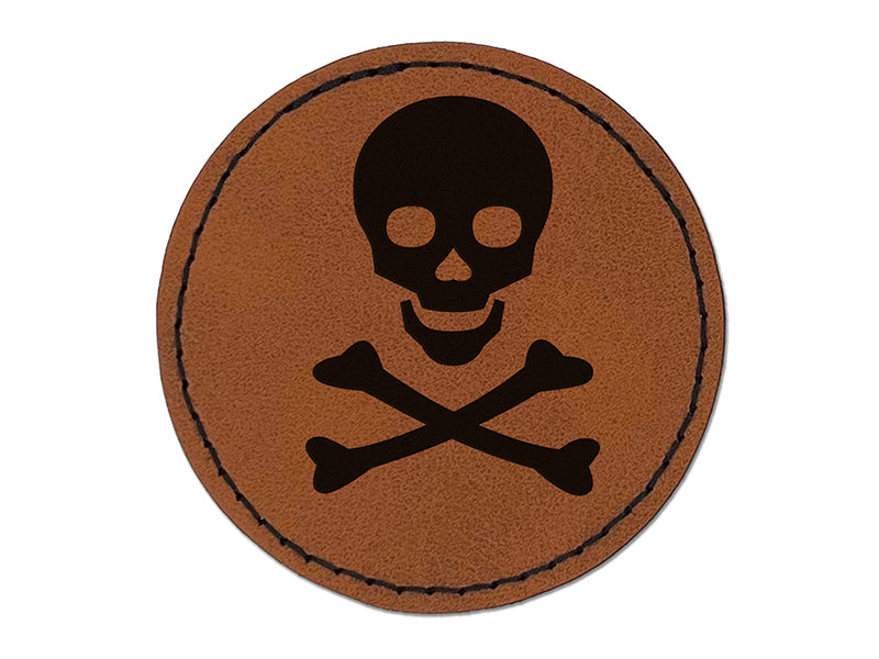 Skull and Crossbones Solid Round Iron-On Engraved Faux Leather Patch Applique - 2.5"