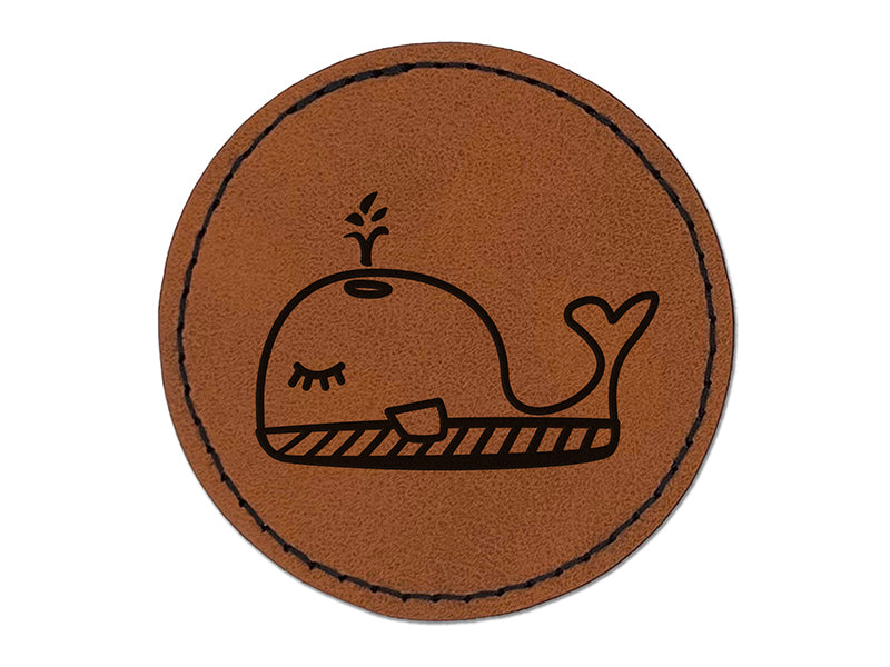 Snoozing Whale Doodle Round Iron-On Engraved Faux Leather Patch Applique - 2.5"