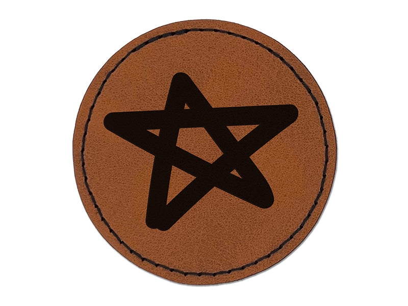 Star Doodle Round Iron-On Engraved Faux Leather Patch Applique - 2.5"