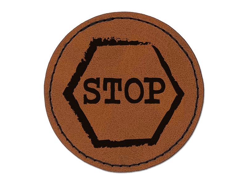 Stop Sign Sketch Round Iron-On Engraved Faux Leather Patch Applique - 2.5"