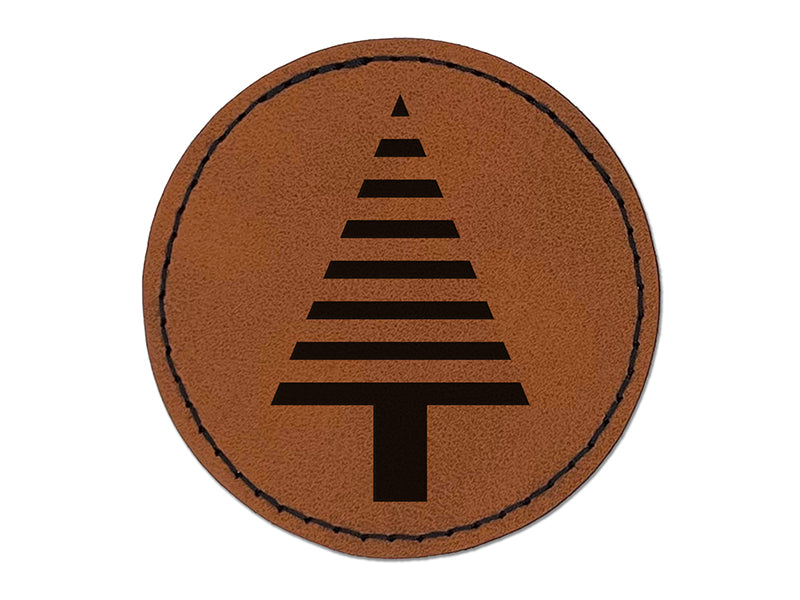 Striped Pine Woodland Tree Round Iron-On Engraved Faux Leather Patch Applique - 2.5"