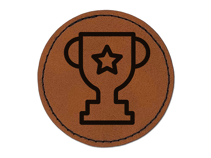 Trophy Award Outline with Star Round Iron-On Engraved Faux Leather Patch Applique - 2.5"