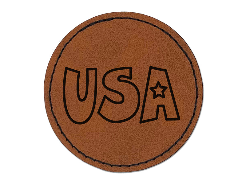 USA Fun Patriotic Text United States of America Round Iron-On Engraved Faux Leather Patch Applique - 2.5"