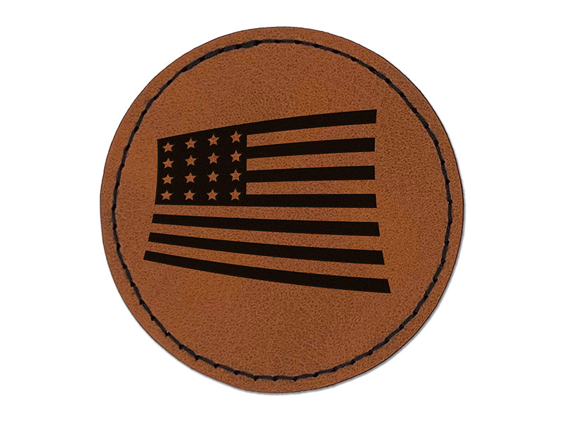USA United States of America Flag Fun Round Iron-On Engraved Faux Leather Patch Applique - 2.5"