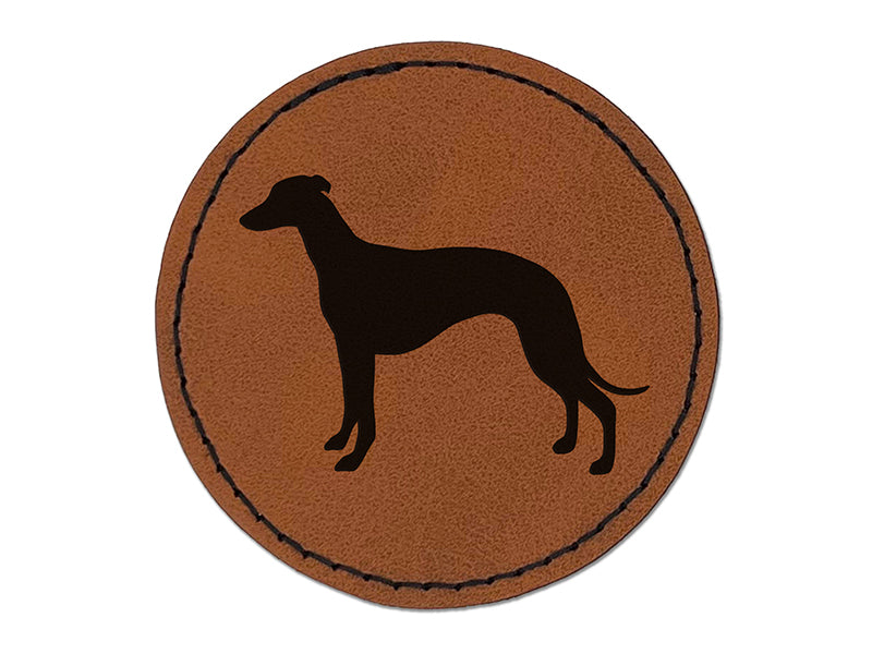 Whippet Dog Solid Round Iron-On Engraved Faux Leather Patch Applique - 2.5"