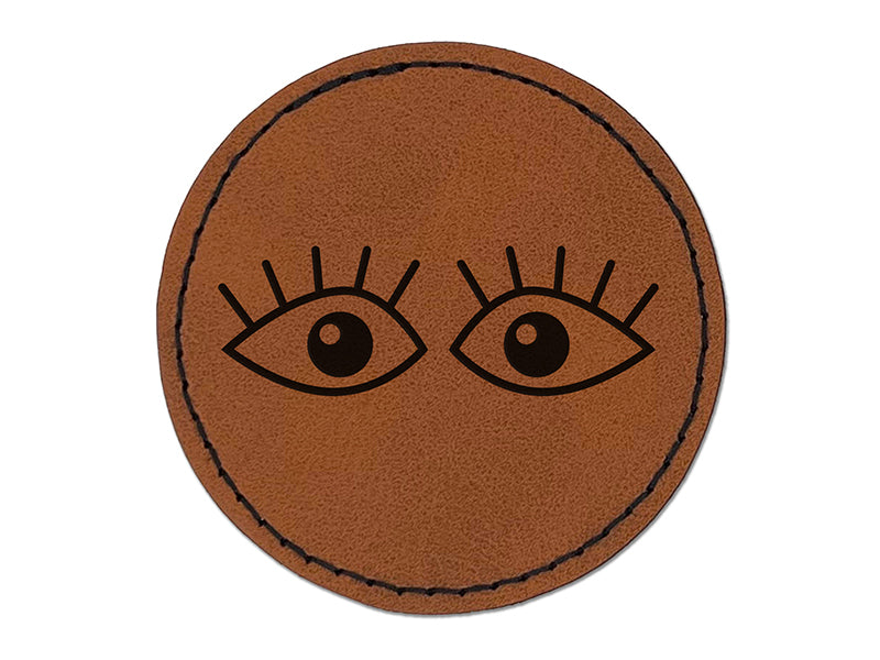 Wide Eyes with Eyelashes Round Iron-On Engraved Faux Leather Patch Applique - 2.5"