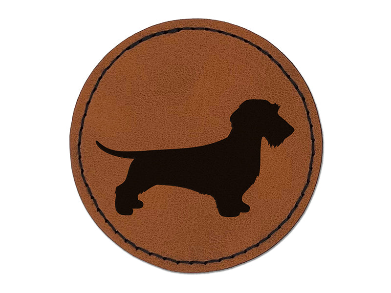 Wirehaired Dachshund Dog Solid Round Iron-On Engraved Faux Leather Patch Applique - 2.5"