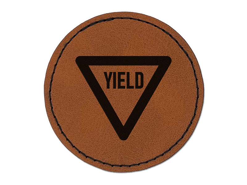 Yield Sign Round Iron-On Engraved Faux Leather Patch Applique - 2.5"