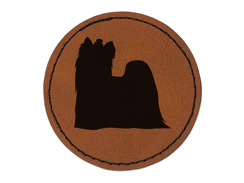 Yorkie Yorkshire Terrier Dog Solid Round Iron-On Engraved Faux Leather Patch Applique - 2.5"