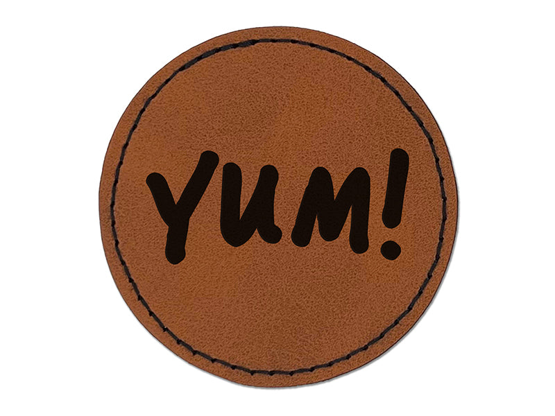 Yum Food Cooking Fun Text Round Iron-On Engraved Faux Leather Patch Applique - 2.5"