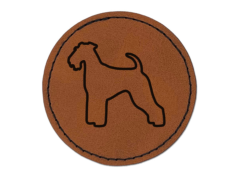 Airedale Terrier Bingley Waterside Dog Outline Round Iron-On Engraved Faux Leather Patch Applique - 2.5"