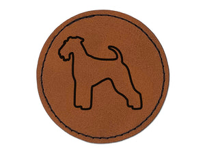 Airedale Terrier Bingley Waterside Dog Outline Round Iron-On Engraved Faux Leather Patch Applique - 2.5"