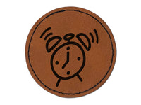 Alarm Clock Doodle Round Iron-On Engraved Faux Leather Patch Applique - 2.5"