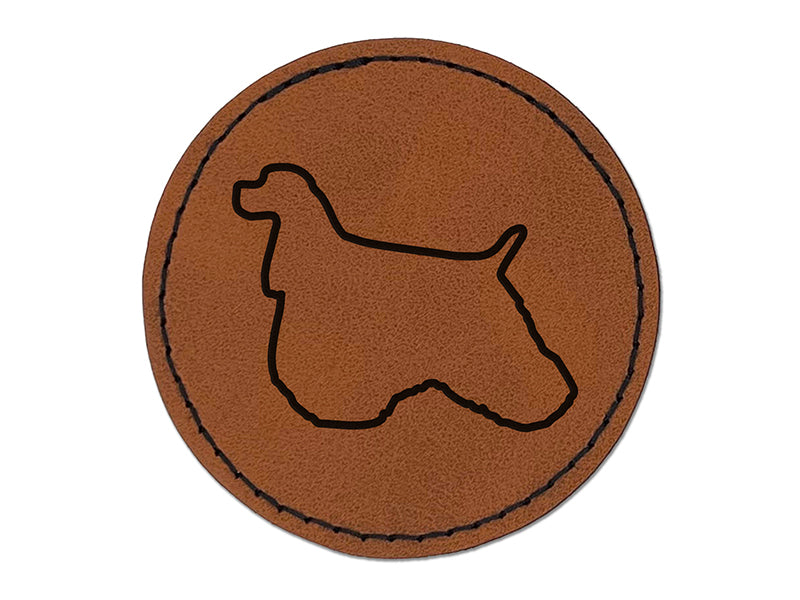 American Cocker Spaniel Dog Outline Round Iron-On Engraved Faux Leather Patch Applique - 2.5"