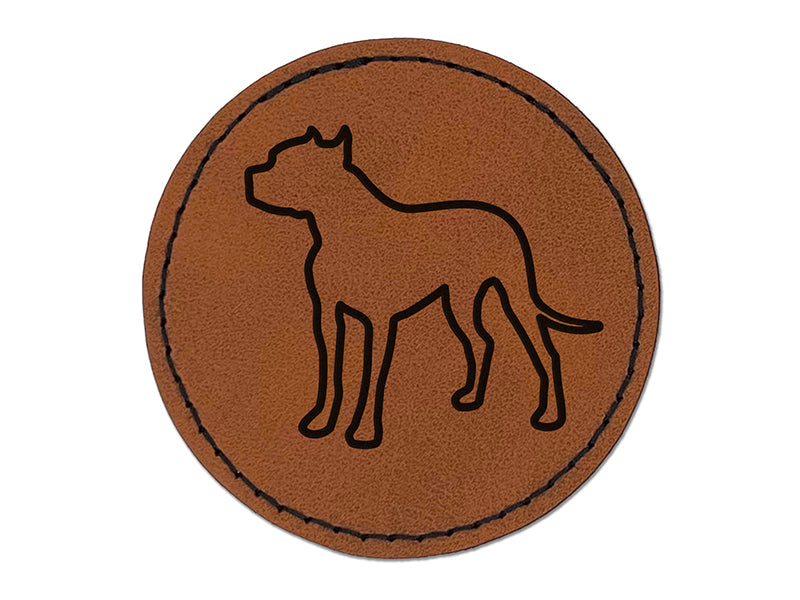 American Pit Bull Terrier Dog Outline Round Iron-On Engraved Faux Leather Patch Applique - 2.5"