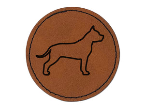 American Staffordshire Terrier Amstaff Dog Outline Round Iron-On Engraved Faux Leather Patch Applique - 2.5"