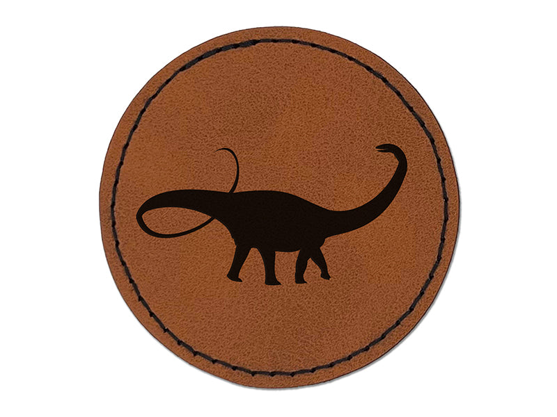 Apatosaurus Dinosaur Solid Round Iron-On Engraved Faux Leather Patch Applique - 2.5"