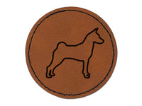 Basenji Dog Outline Round Iron-On Engraved Faux Leather Patch Applique - 2.5"