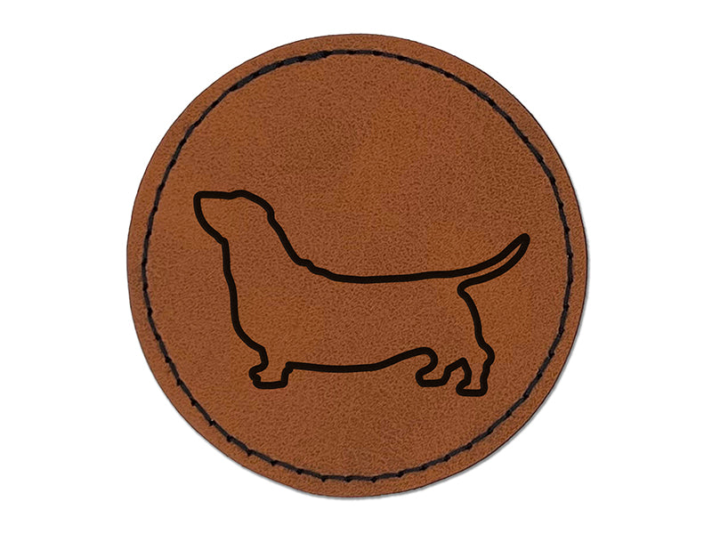 Basset Hound Dog Outline Round Iron-On Engraved Faux Leather Patch Applique - 2.5"
