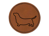 Basset Hound Dog Outline Round Iron-On Engraved Faux Leather Patch Applique - 2.5"